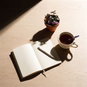 A journal, cup of tea and small plant on a desk