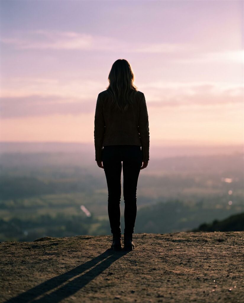 A woman looking out over a valley at sunrise